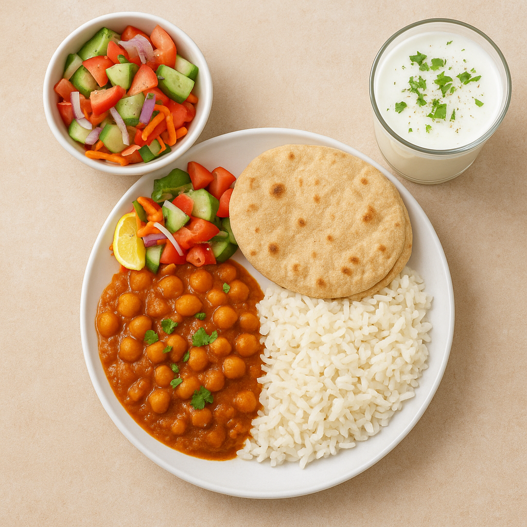 Chole curry +White Rice+Salad +Buttr milk +Pulka 